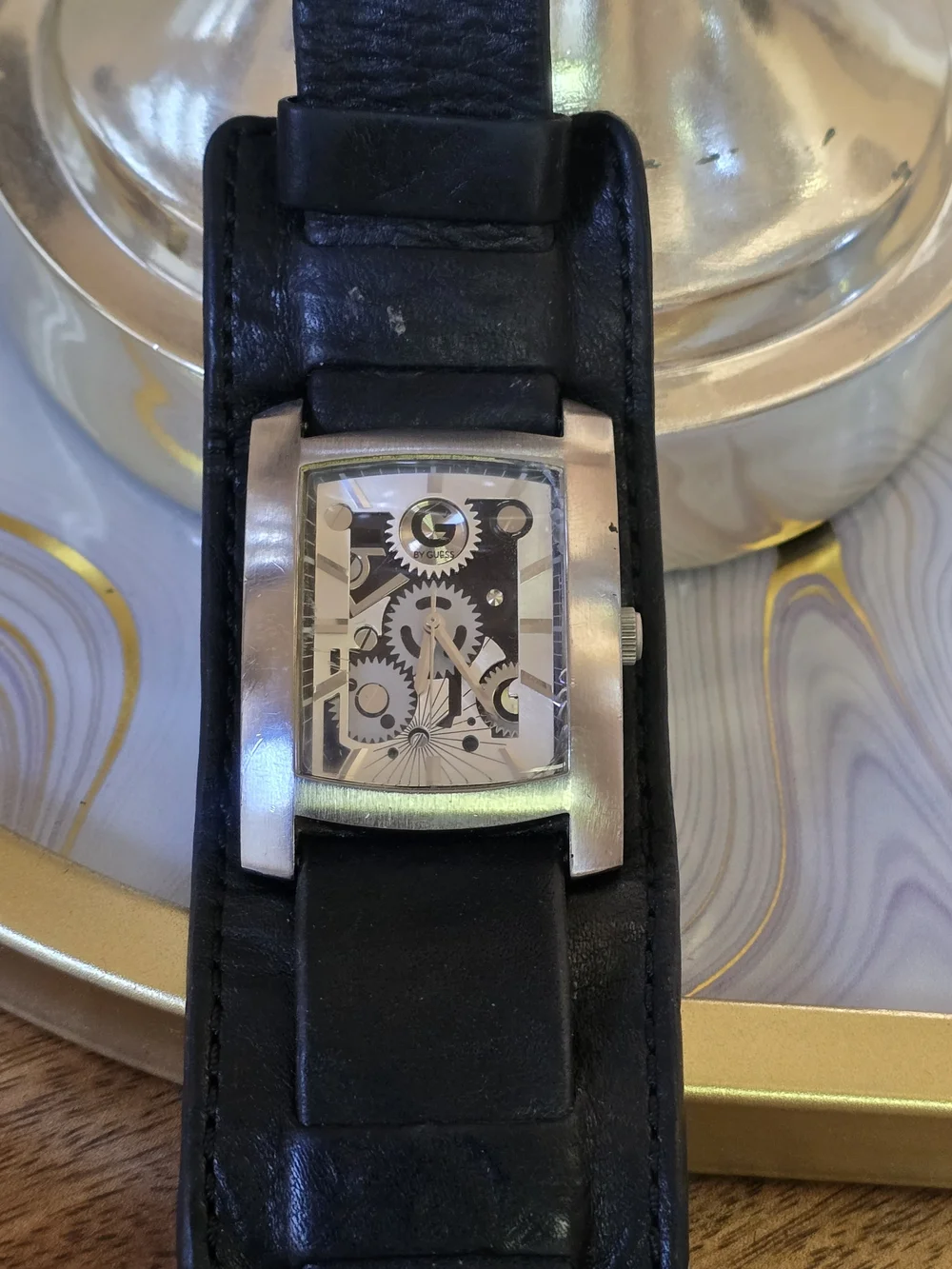 Men's Black Leather Cuff Watch with Silver Case Guess